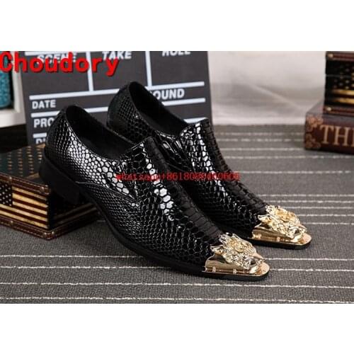 Luxury Brand Italian Shoes Men Leather Loafers Gold Steel Toe Metallic Mens Shoes High Heels Snake Skin Dress Wedding Shoes