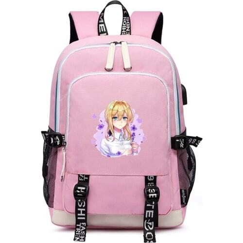 Violet Evergarden Large Travel Backpack Oxford School Bags Pink Women Bagpack Kawaii Bookbag USB Charging Laptop Shoulder Bags