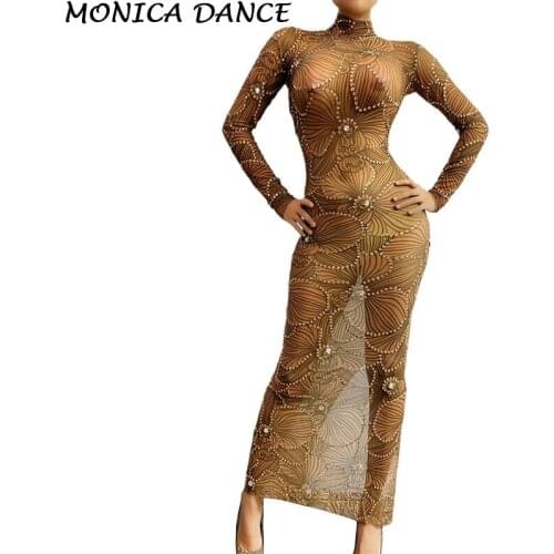 Sexy Stage Prom Celebrity Party Dresses Sparkly Rhinestones Mesh Transparent Bodycon Dress Women Crystals Singer Stage Dress