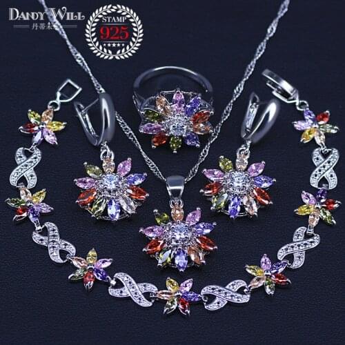 Silver Color Bridal Jewelry Sets For Women Flower Multicolor Zirconia 4PCS Necklace Pendant Bracelet Ring Earrings