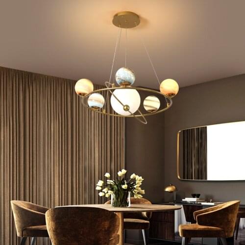 Nordic Postmodern Pendant Lights Living Dining Room Round Iron Glass Planet Lamp Lustre Creative Personality Line Pendant Lamps