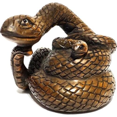 Y7184 - 2" Hand Carved Japanese Boxwood Netsuke Figurine Carving - 2 Snakes