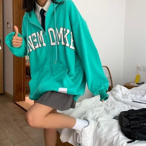 Women Sweatshirts Oversized Hoodie Letter Long Sleeve Zip-Up Harajuku Cardigan Zipper Jacket Female Coat Winter Vintage Clothes