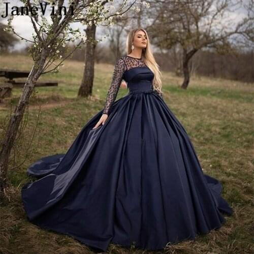 JaneVini Lebanon Ball Gown Long Evening Dress Navy Blue Pearls Long Sleeve Formal Dress Party Gowns for Womens Dluga Sukienka