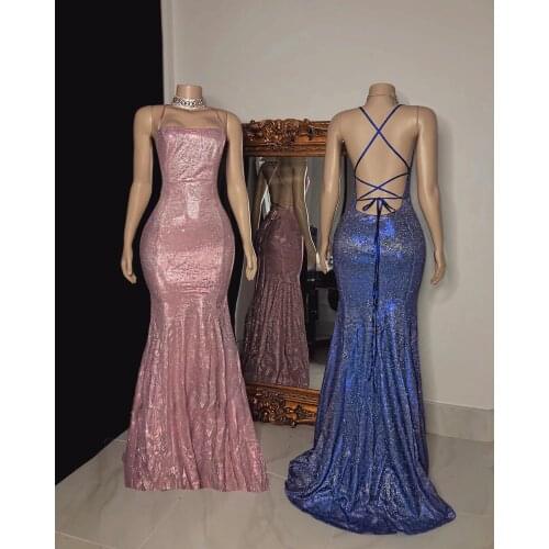 2021 Glitter Mermaid Prom Dresses Long Sparkly Open Back Spaghetti Straps Formal Evening Party Gowns Robe De Soiree