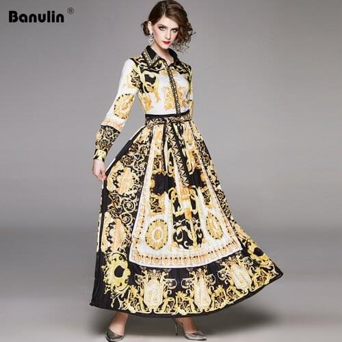 Banulin Runway Designer Womens Maxi Dress 2020 Spring Vintage Baroque Floral Print Puff Sleeve Sashes Pleated Shirt Dress
