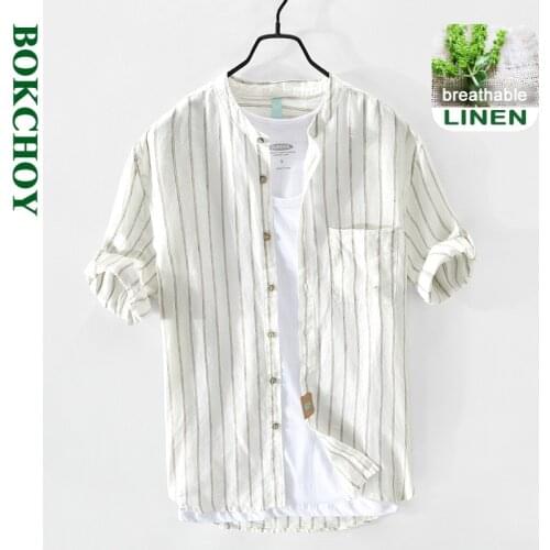 2021 Spring and Summer New Men Casual Linen Short-sleeved Shirt Safari Style Green White GA-Z916
