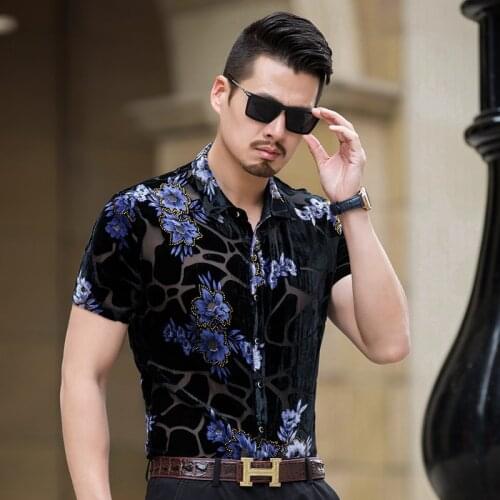 Velvet Shirt Mens Short Sleeve Floral Casual Slim Mens Shirt Work Business Brand Camisas Summer Hollow Out Flower Camisa