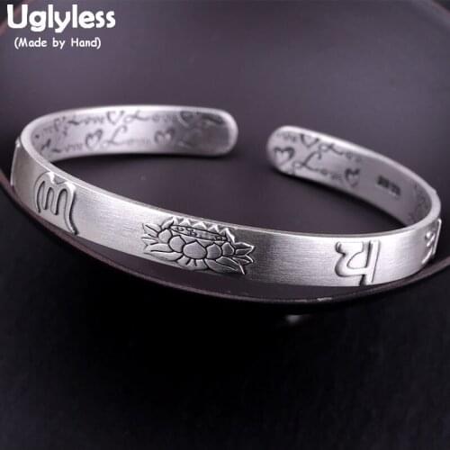 Uglyless Real 999 Fine Silver Lotus Bangles for Women Double-side Carved LOVE Open Bangle Buddhistic Six-word Mantra Gifts BA672