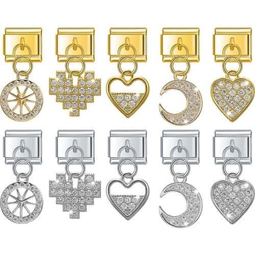 Hapiship Fashion Sweet Heart Moon Star Round Shiny CZ Charm Links Fit 9mm Stainless Steel Bracelet Jewelry DIY Making DJ240