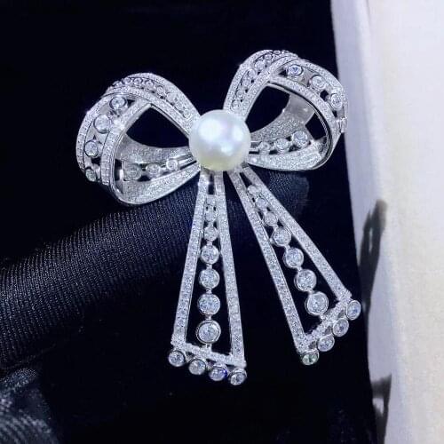 Natural fresh water pearl brooch 925 sterling silver with cubic zircon bowknot corsage brooch vintage fine women jewelry