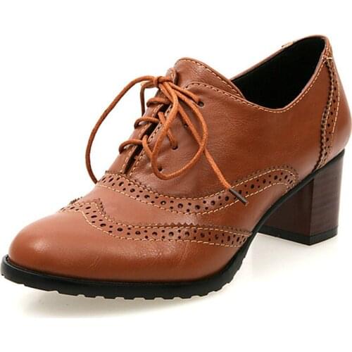 COOLULU Shoes Women Thick Heels Causal Shoes Lace Up Pumps Vintage Mid Heels Carved Shoes Female 2018 Brown Black Big Size 42 43