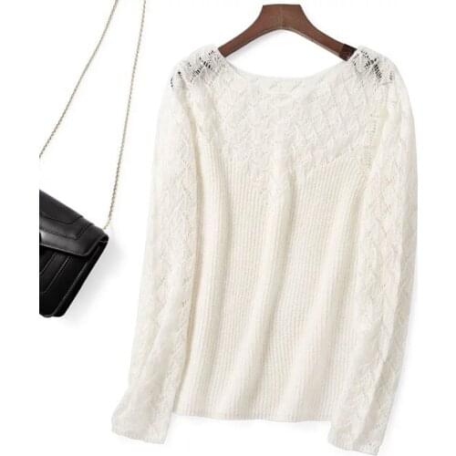 Elfbop Mohair Wool Hollow Out Patchwork Long Sleeve Jumper Sweater Pullover - Ladies White/Black/Green/Pink Solid Color Top