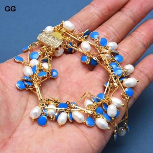 GuaiGuai Jewelry 4 Rows Natural White Rice Pearl Blue Enamel Chain Bracelet Handmade For Women Punk Jewelry