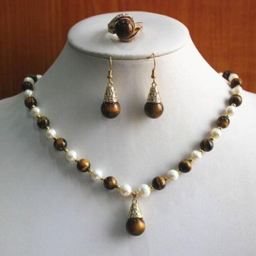 Fashion White Freshwater Pearl Mixed Tiger Eye Necklace Earring Ring Jewelry Set