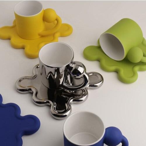 Nordic Creative Coffee Cups With Saucers Silver Yellow Blue Green Stylish Tea Milk Water Cup Ceramic Bread Cake Dish Luxury Gift