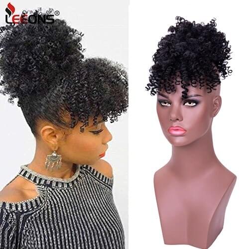 Leeons Black Short Kinky Curly Chignon With Bangs Synthetic Hair Bun Drawstring Ponytail Clip In Afro Puff Hair Pieces For Women