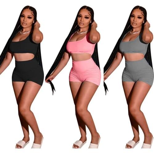 Summer Womens Wear Fitness Suits Breathable Sweat Absorbing Cotton Vest Shorts Sports Suit Cotton Solid Two Piece Suit