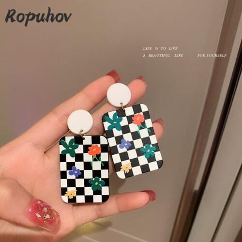 ROPUHOV 2021 Korean Trendy 925 Silver Pin Black White Checkerboard Flower Earrings Square Fresh Earrings Plus Size Earrings