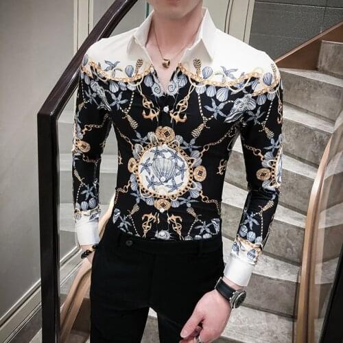 Mens Long-sleeved Printed Shirts 2021 Spring Gold Black Korean Fashion Mens Casual Formal Shirts Slim Mens Clothing Shirts