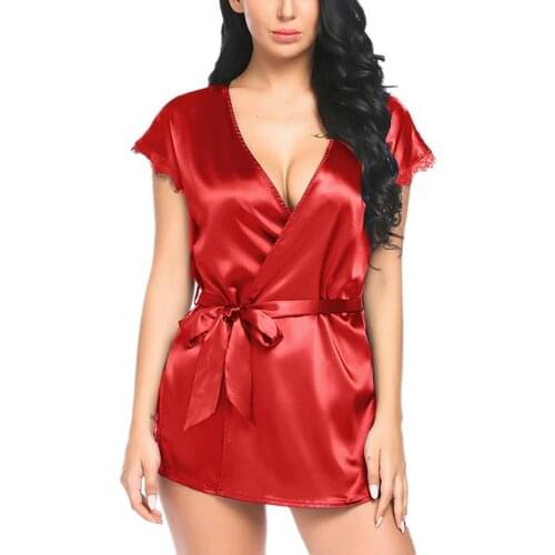 Short Sleeve Robe Women Satin Pajama Sexy Night Dress With Belt Nighties Nightgown Sleepwear Nightwear Nightshirt Bathrobe