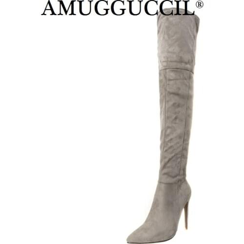 2020 New Plus Big Size 32-46 Black Gray Yellow Over The Knee Sexy Thigh High Heel Winter Warm Female Lady Women Boots X1733