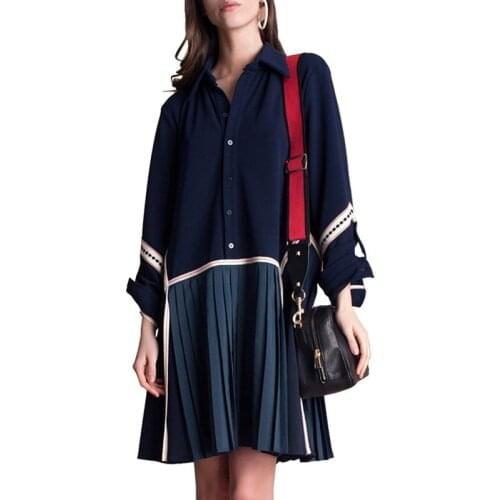 New Spring 2019 Womens Dress European Station Fashion Splice Shirt Dresses with Long Sleeve Loose Pleated Dress