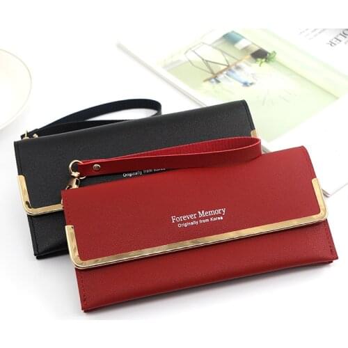 New Fashion Long Leather Wallets Zipper Wallets Female Coin Purses with Wristband Clutch Girls Money Credit Cards Holder
