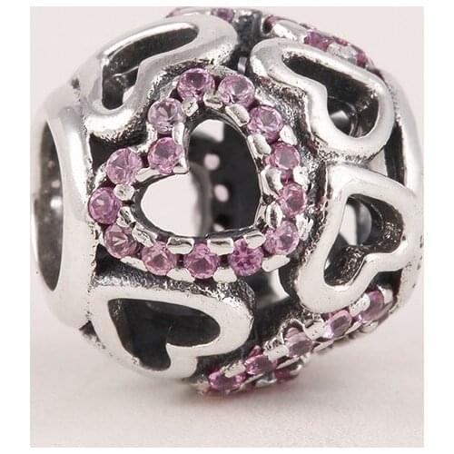 New Authentic 925 Sterling Silver Openwork Love Heart Charm Pave Pink CZ Suitable for Pan Style Charm Bracelets & Necklaces