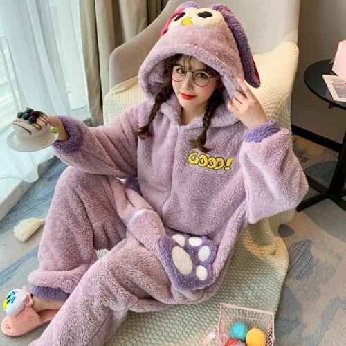 Winter Pajamas Women Sleepwear Plus Size Flannel Nighty Cartoon Hooded Coral Velvet Nightgown Plush Fashion Home Wear Add Fleece