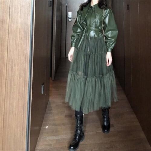 Autumn New Solid Color Splicing Dress Winter The New Fashion Mesh Elegant Pu Top Bandage Peter Pan Collar Streetwear Trendy s748