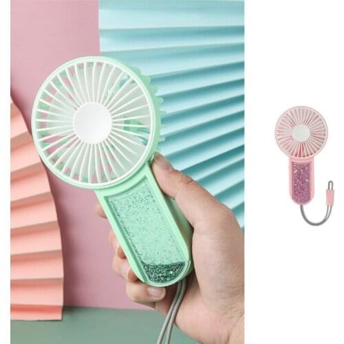 2-in-1 Handheld USB Fan Shining Quicksand Design Mini Hanging Fan Portable Hand Fan 3 Wind Speed for Kids Adult Outdoor