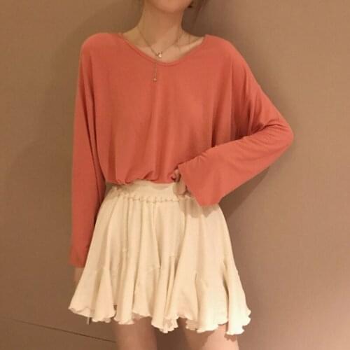 Korean Style Leisure Daily Loose T-shirt Women Long Sleeve V-Neck Solid Simple All-match Womens Kawaii Tees basic top T-shirts