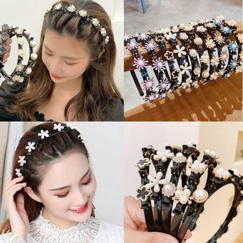 Crystal Beaded Hairband Imitation Pearl Braided Headwear For Women Sweet Bangs Fixed Headband Hair Clip Hair Accessories Jewelry