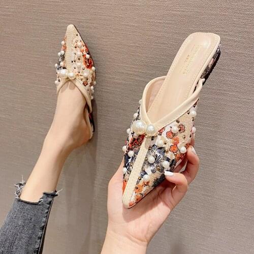 2021 Summer New Style Outside Wedges Slides Fashion Print String Bead Concise Pointed Toe Low (1cm-3cm) Breathable All-match