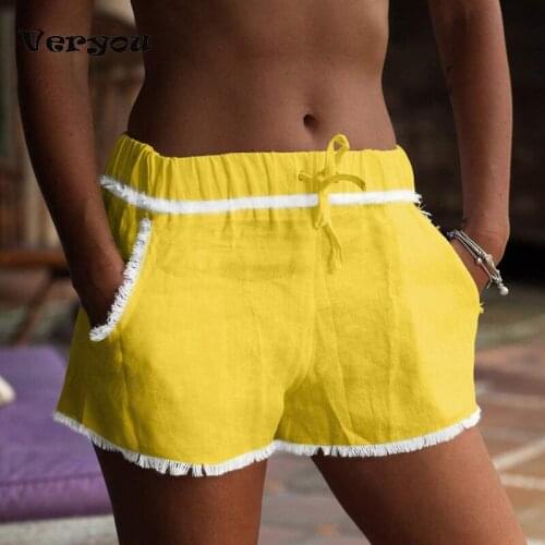 Summer Pockets Cotton Linen Shorts Women Fashion Fringe Solid Color Shorts with Pockets Summer Shorts Womens Sexy Shorts
