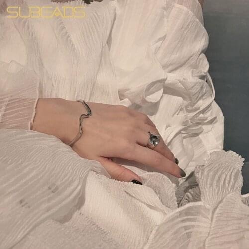 Subeads 925 Sterling Silver Sea Wave Open Bangle For Women Girls Adjustable Bracelet Wedding Party Fine Jewelry Gifts