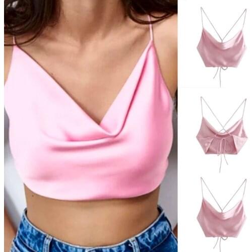Women Satin Halter Pink Camisole Sexy Spaghetti Strap Cowl Neck Crop Top Crisscross Lace-Up Backless Strappy Vest Shirt
