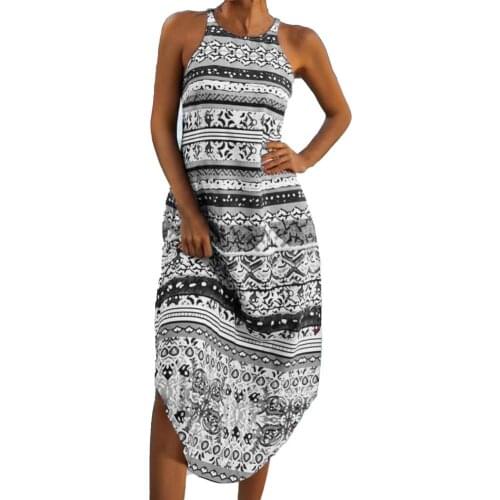 Bohemian Women Dress Elegant Floral Print Irregular Hem Summer Dresses Sleeveless Plus Size Round Neck Dress Beach Party 2021