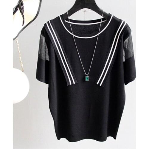 Korean Style Women Clothes Solid Loose Knitted Thin Womens Sweater Summer Tops Casual O-Neck Patchwork Short Sleeve Pullovers