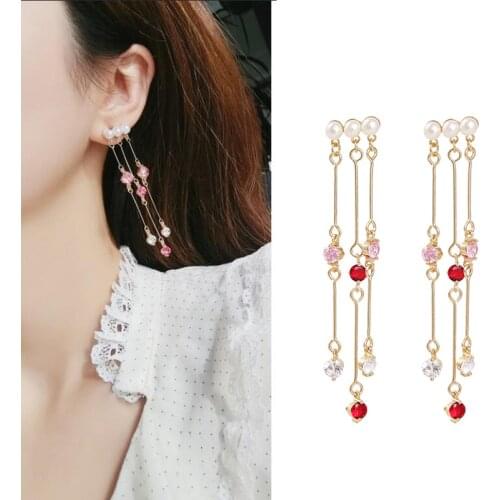 New Temperament Long Shiny Pink Rhinestone Crystal Tassel Drop Earrings Korean Sweet Pearl Pendientes For Women 5B1034