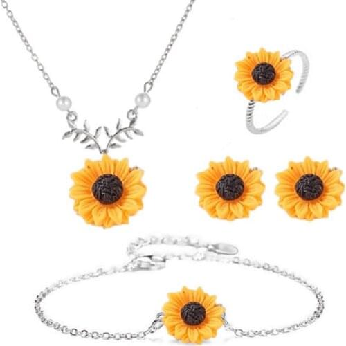MIQIAO Sterling Silver Sunflower Necklace Rings Bracelets Earrings Jewellery Set for Women Pendientes Kolczyki Retro Boho Anime