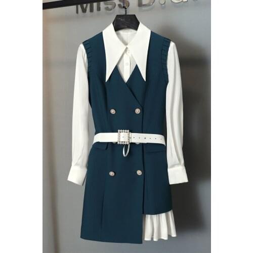 2021 Autumn Casual New Women White Long Sleeve Dress With Belts Vest 2 Piece Suits Sets 7.27