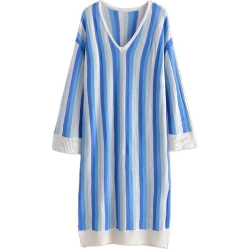 2021 Fashion women Knitted striped long tunic Female Vintage V-Neck long sleeves side vents shirt Holiday Party loose midi dress
