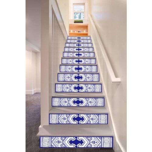 6pcs/set 18cm x 100cm Dark Blue Chinese Retro Pattern Style Stair Sticker Wallpaper LTT003