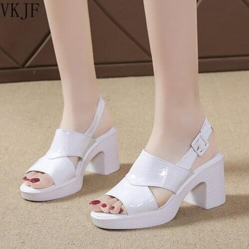 Block Heel Platform Sandals Patent Leather Summer 2021 Buckle Elegant High Heels Sandals Women Thick Sole