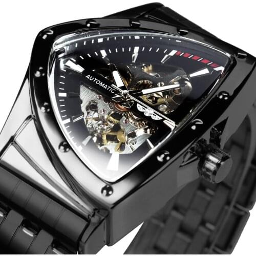 WINNER Military Mens Watches Black Triangle Skeleton Mechanical Watch Luxury Stainless Steel Strap Glow Clock relogio masculino
