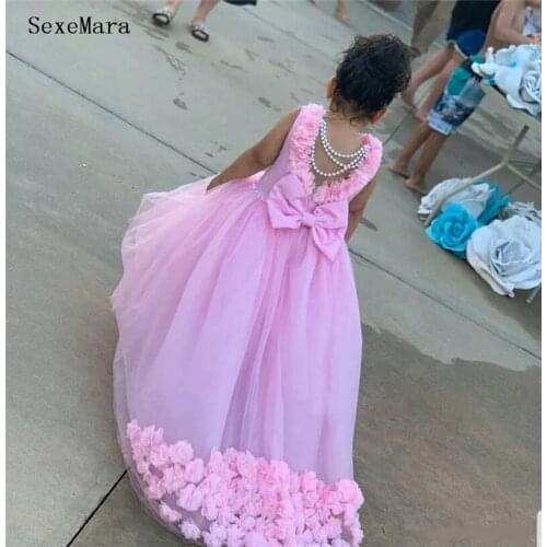High Quality Tulle Flower Girl Dress 3D Floral Appliques Beading Bow Backless Kids Pageant Gowns Long Train