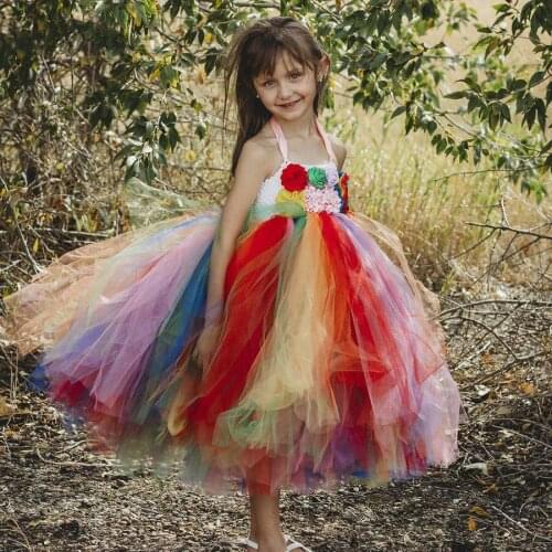 Baby Girls Rainbow Flower Tutu Dress Kids Crochet Tulle Dress Ball Gown with Pink Straps Children Birthday Party Costume Dresses