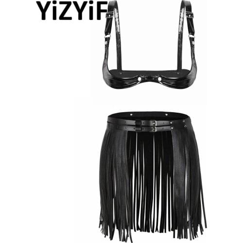 Erotic Leather Set Open Cup Sexy Bra Tops with Tassel Skirt Adjustable Sexy Lingerie Nightwear Club Stripper Clothes